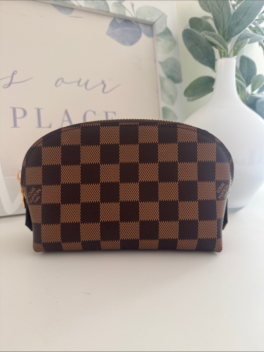 Brown Checkered Cosmetic Pouch - Picture 2 of 6